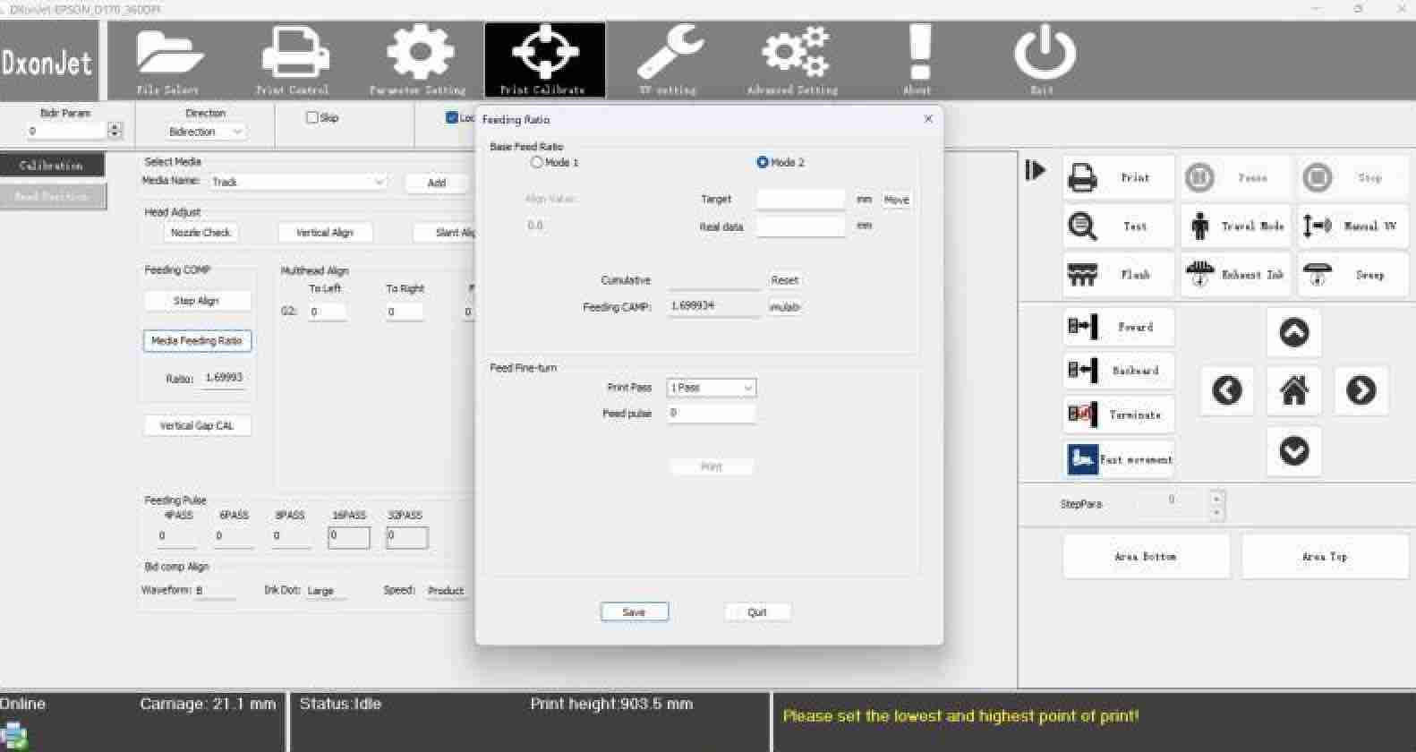 Earlier DXonJet wall printer calibration interface demonstrating available adjustment controls